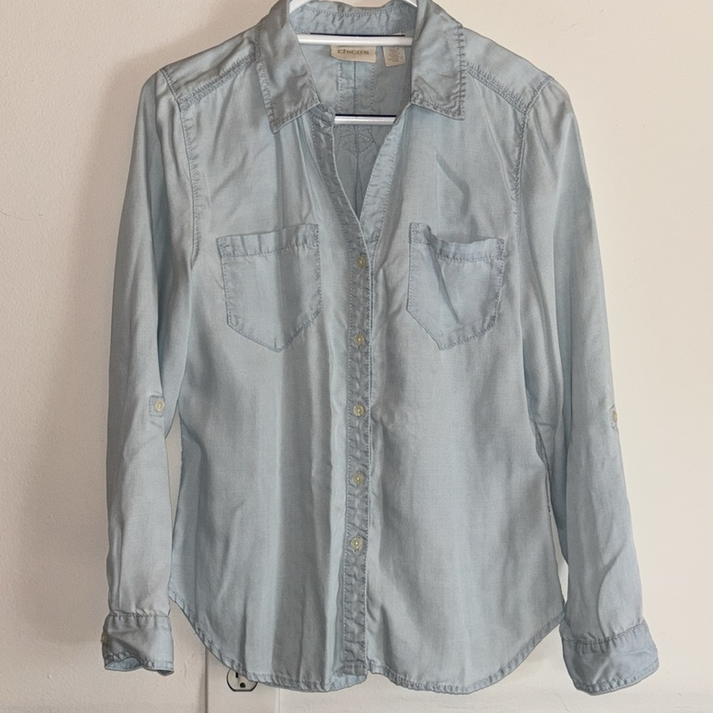 Chico’s Blue Lyocell Button Down Shirt Roll Tab Sleeves, Size: 1